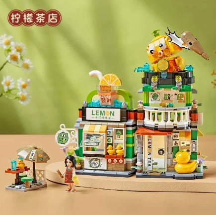 Street View series building blocks, Chinese special snacks snail noodle shop and lemon tea shop